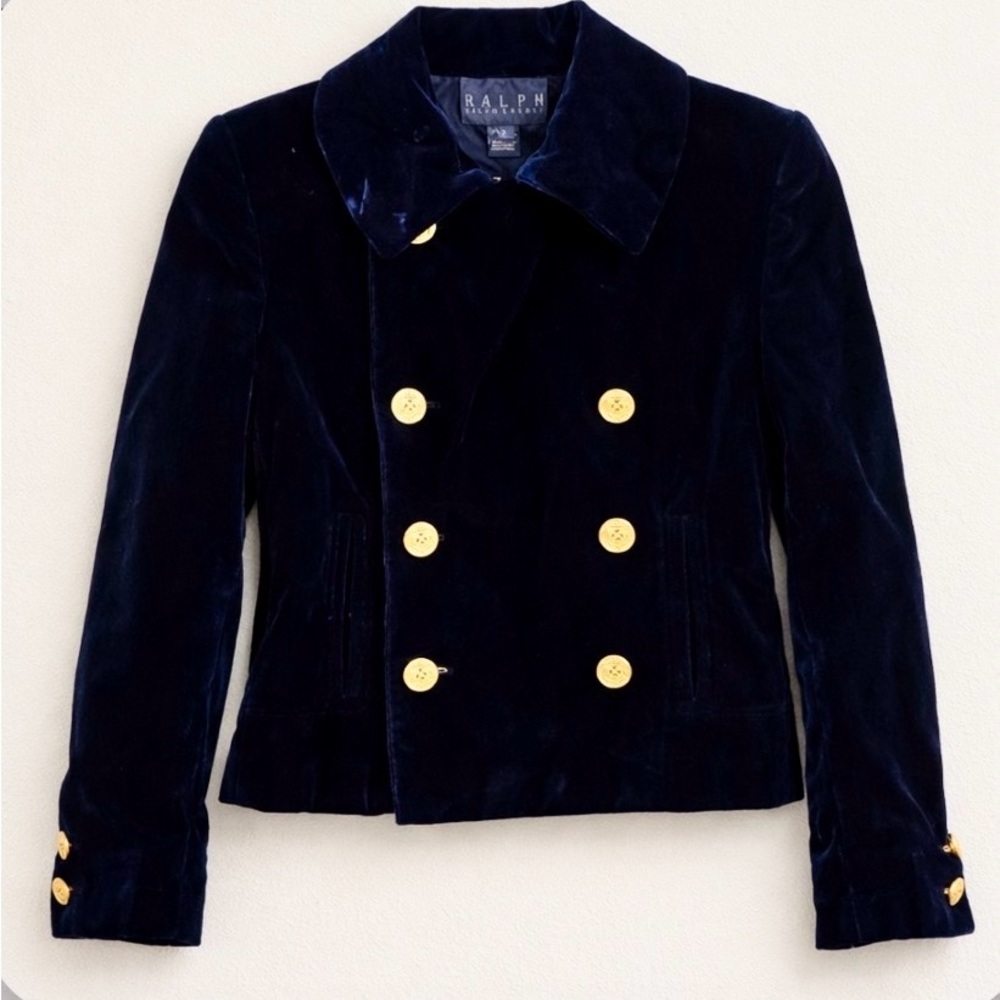 Rare Ralph Ralph Lauren Blue Velvet Double Breasted gold buttoned Short Jacket - Picture 2 of 4